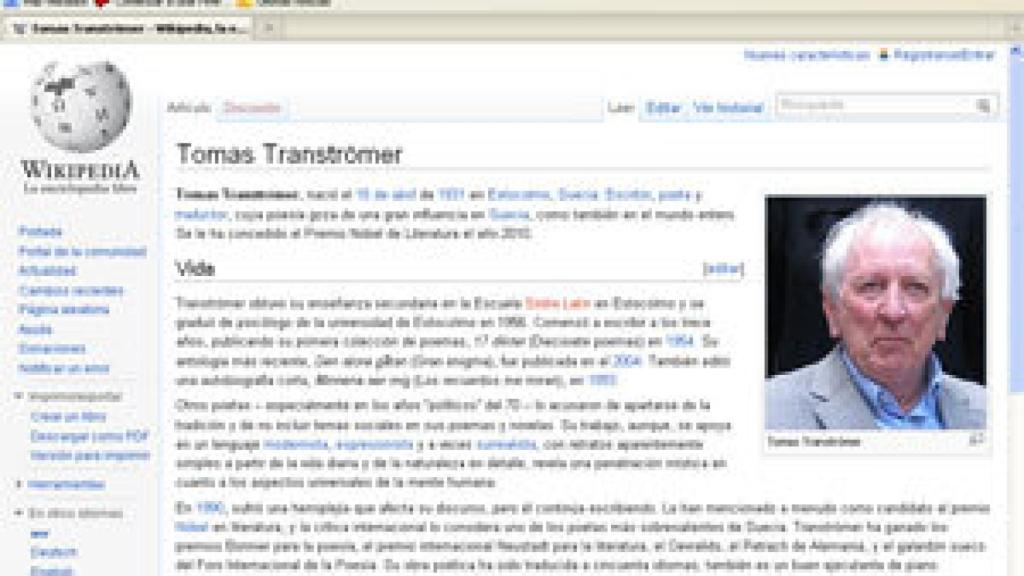 Image: Wikipedia da por ganador a Tranströmer