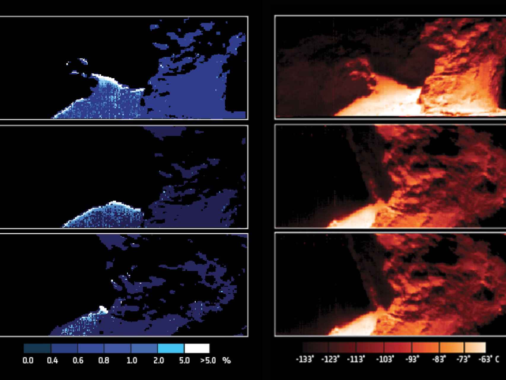 Mediciones de agua helada y temperatura en superficie en la región Hapi del cometa 67P.