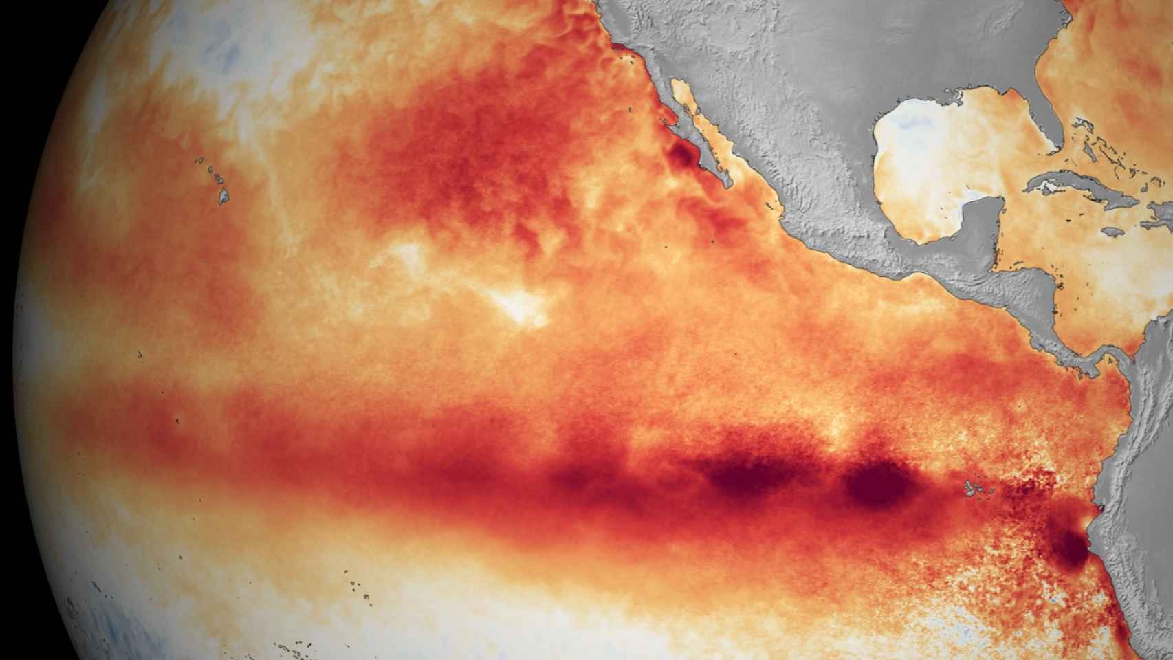 Océano Pacífico, En rojo, el aumento de temperatura causado por El Niño