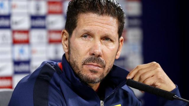 Simeone en la rueda de prensa previa al derbi / Efe