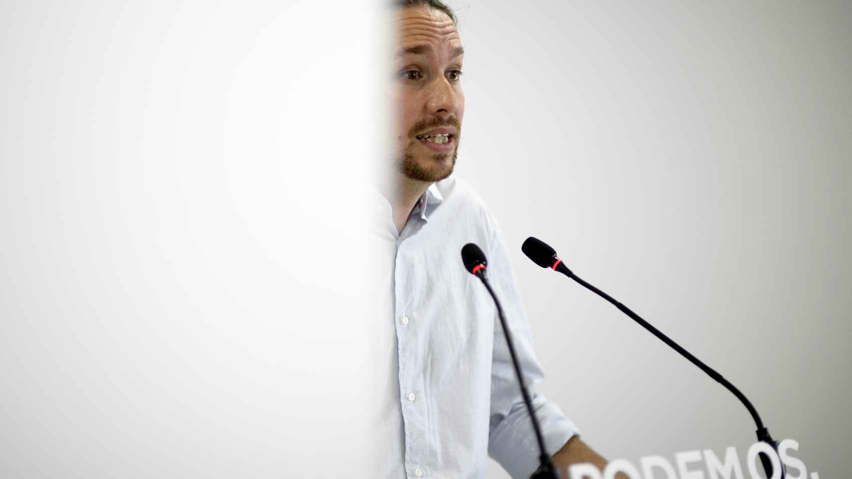 Pablo Iglesias en una rueda de prensa en la sede de Podemos