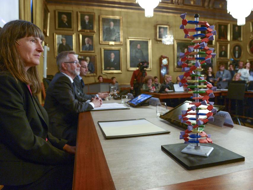 Una doble hélice de ADN junto al Comité Nobel de Química