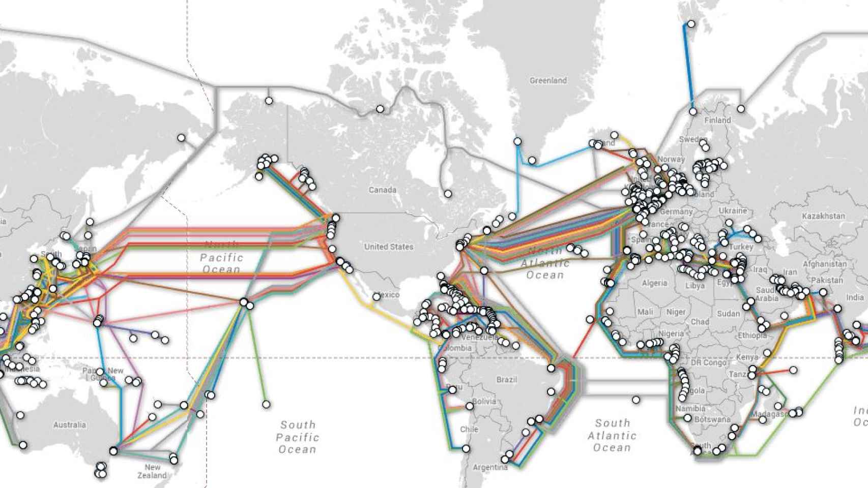 Mapa de los cables submarinos en el mundo.