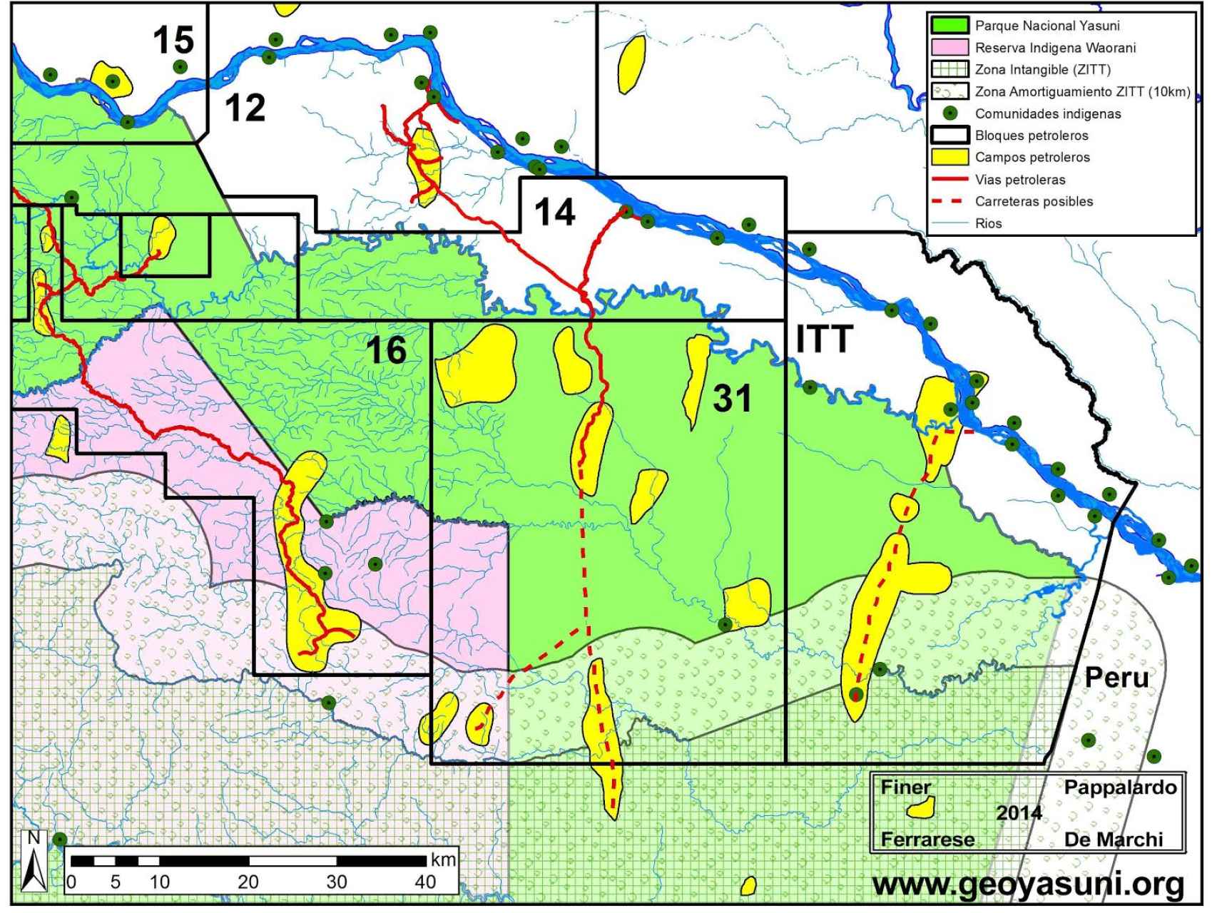 Mapa de las explotaciones petroleras en Yasuní.