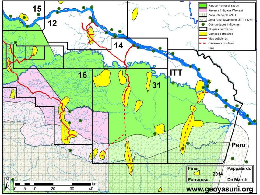 Mapa de las explotaciones petroleras en Yasuní.