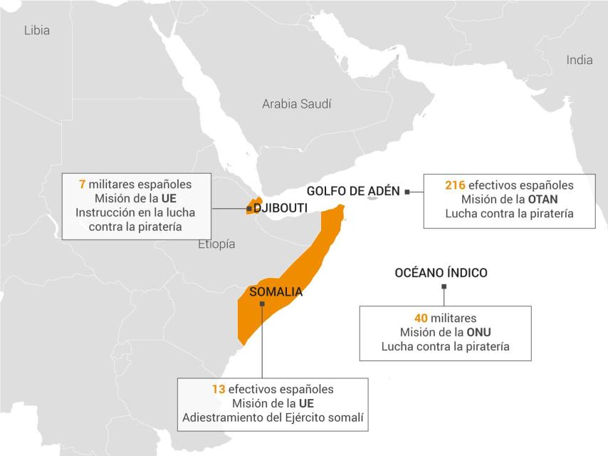 Mapa del despliegue de operativos en el Cuerno de África.