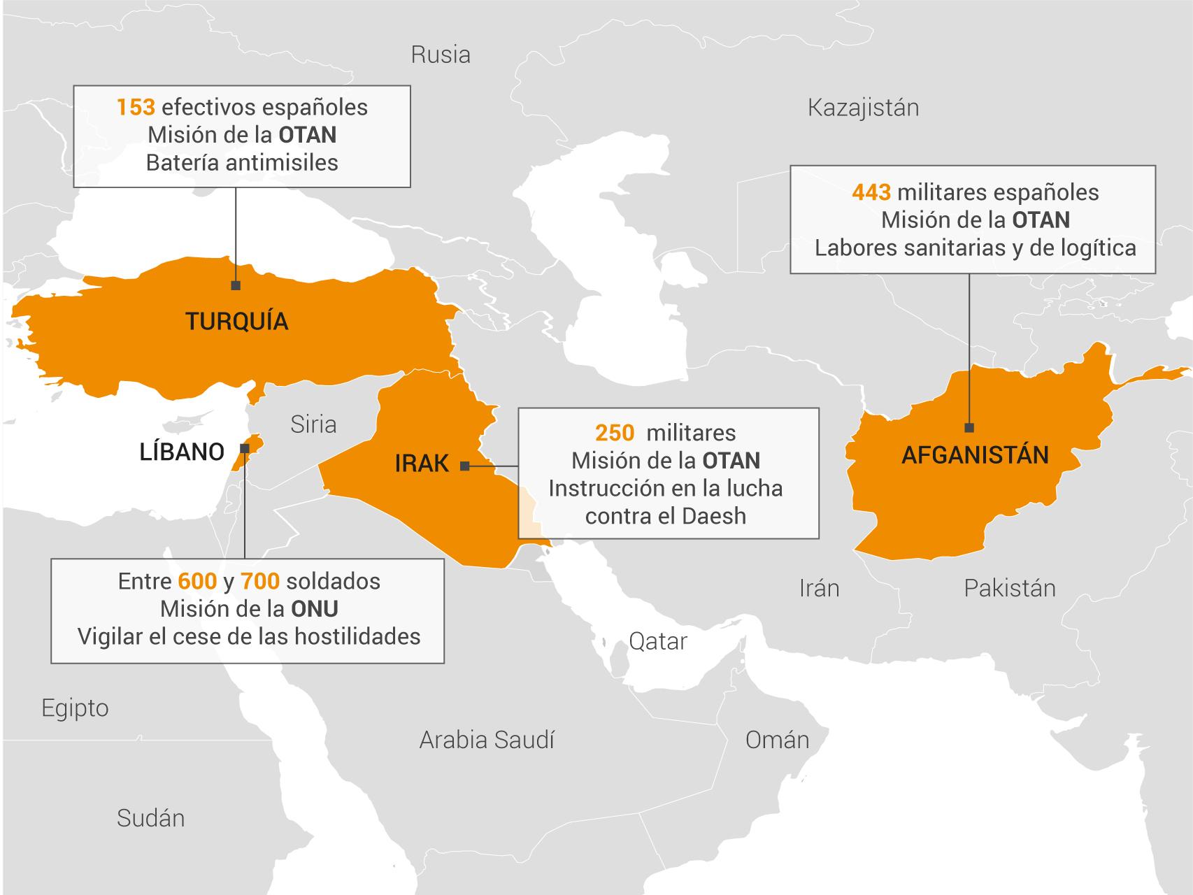 Mapa del despliegue de operativos en Oriente medio.