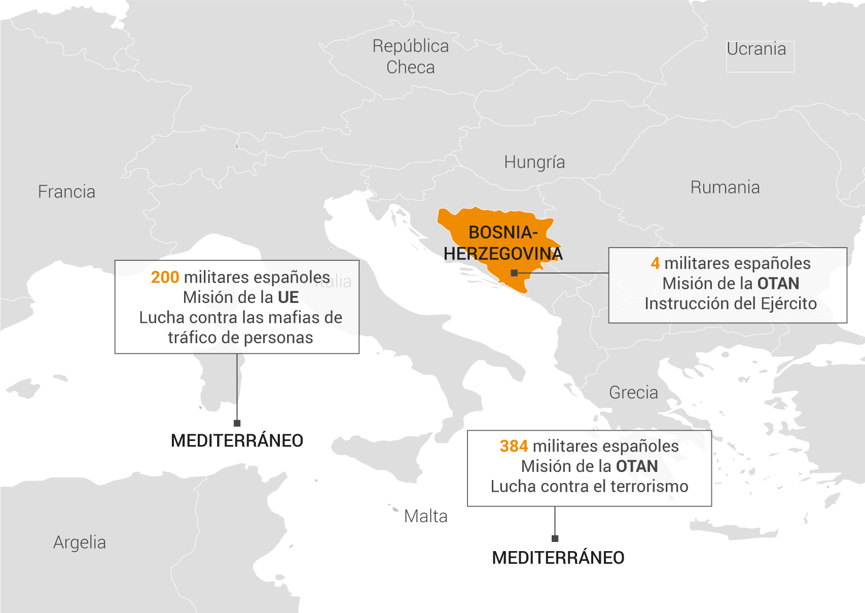 Mapa del despliegue de operativos en Europa y el Mediterráneo.