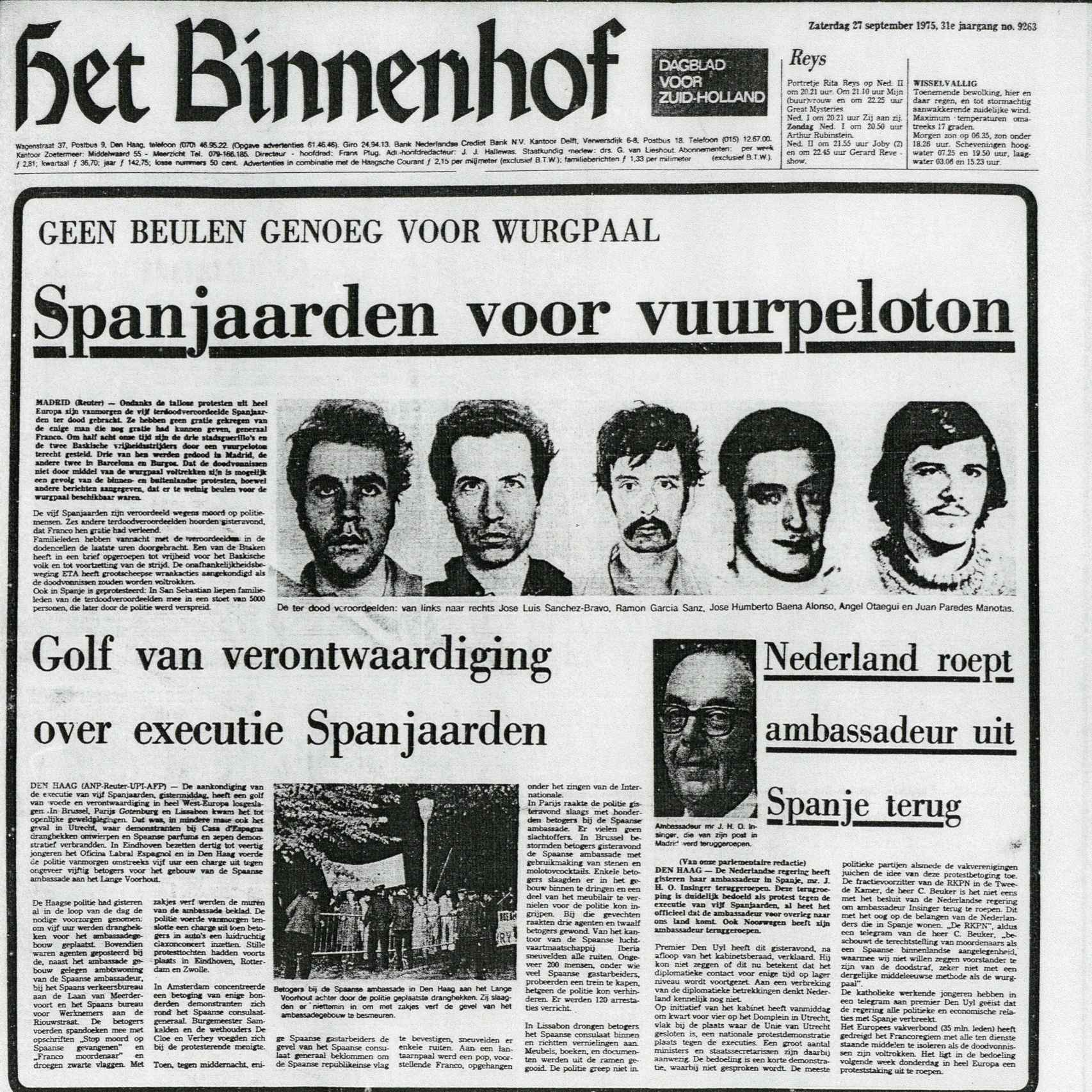La portada del Het Binnenhof del 27 de septiembre de 1975.