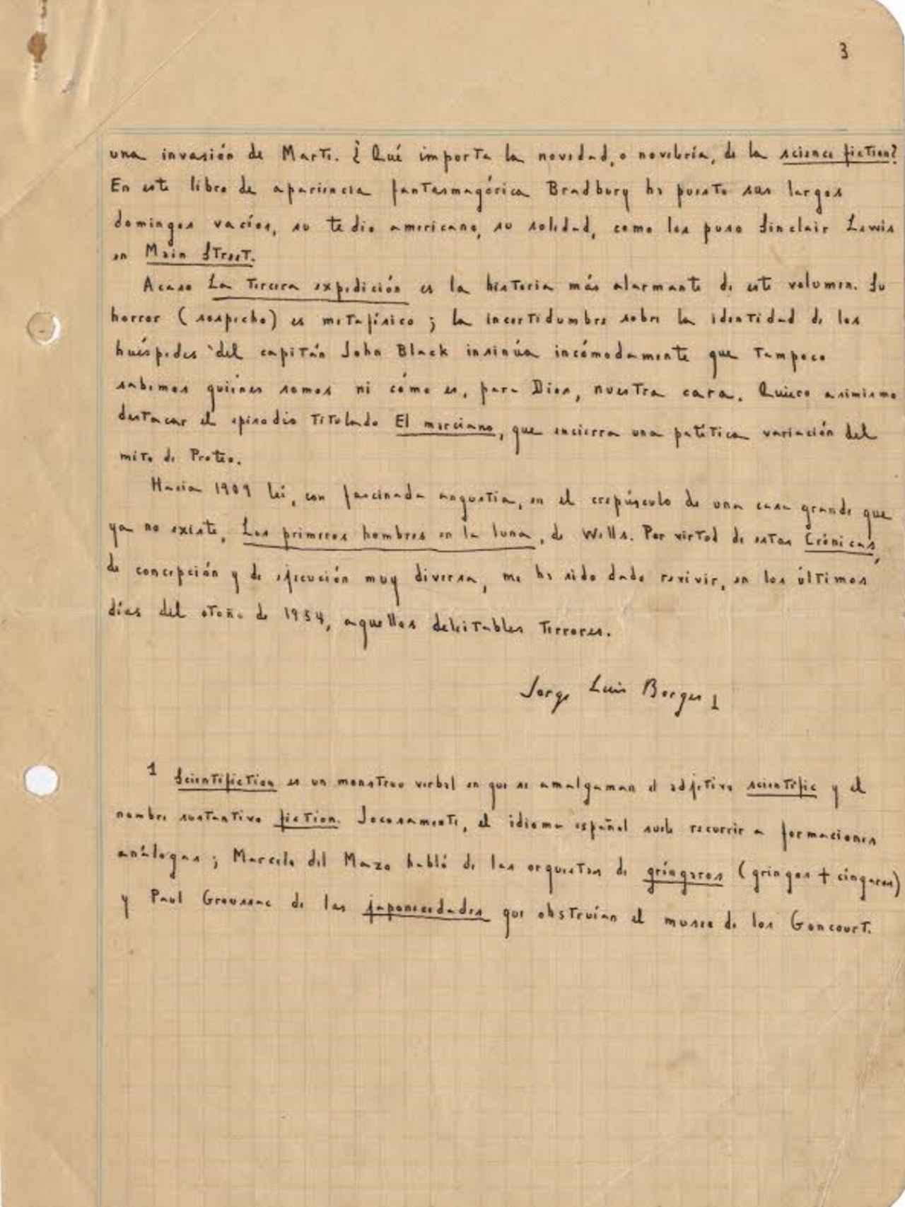 El manuscriot de Borges del prólogo de la traducción de Crónicas Marcianas.