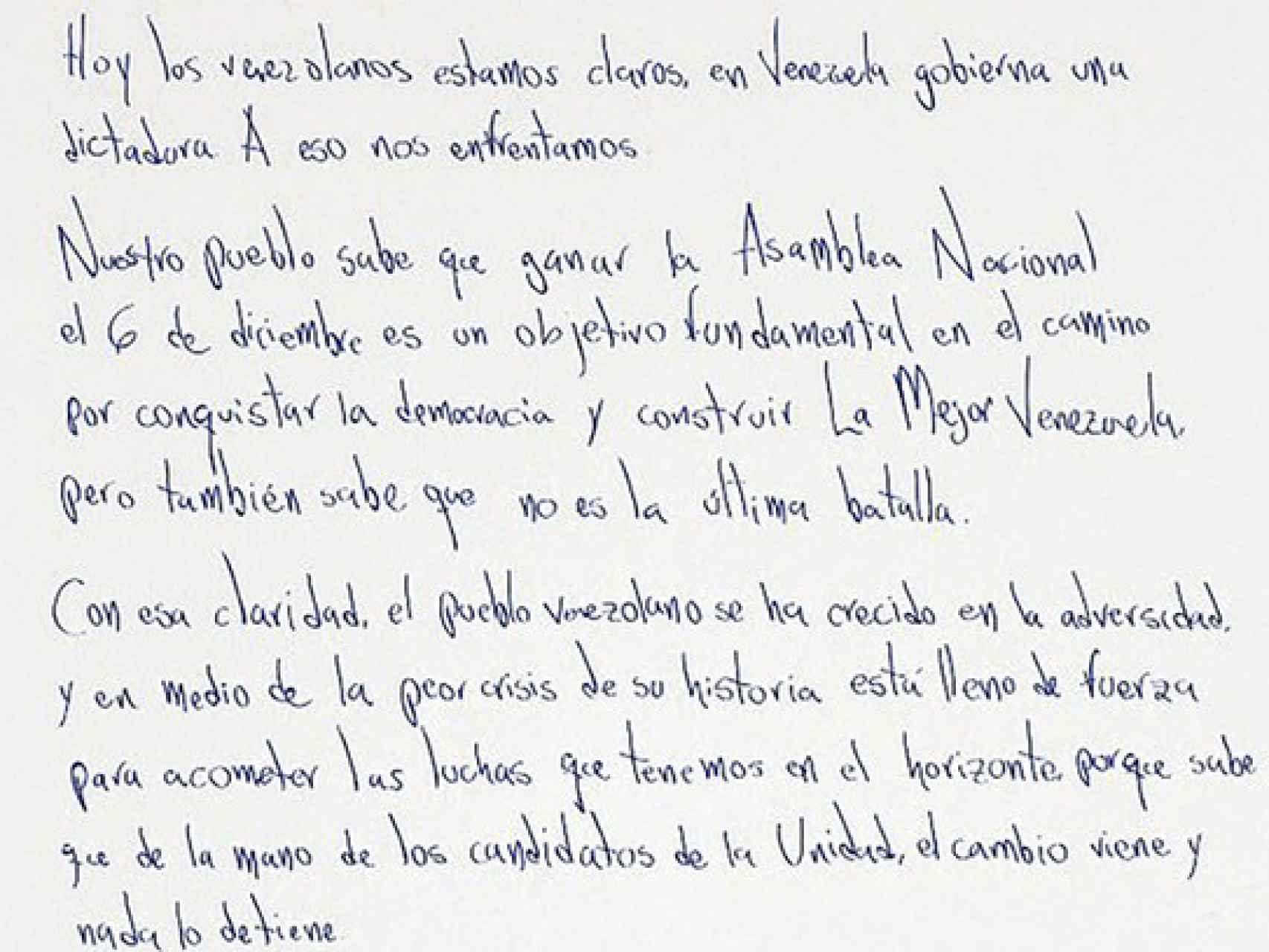 Un fragmento de la carta manuscrita de Leopoldo López.