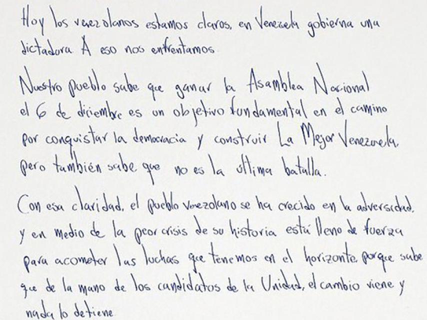 Un fragmento de la carta manuscrita de Leopoldo López.