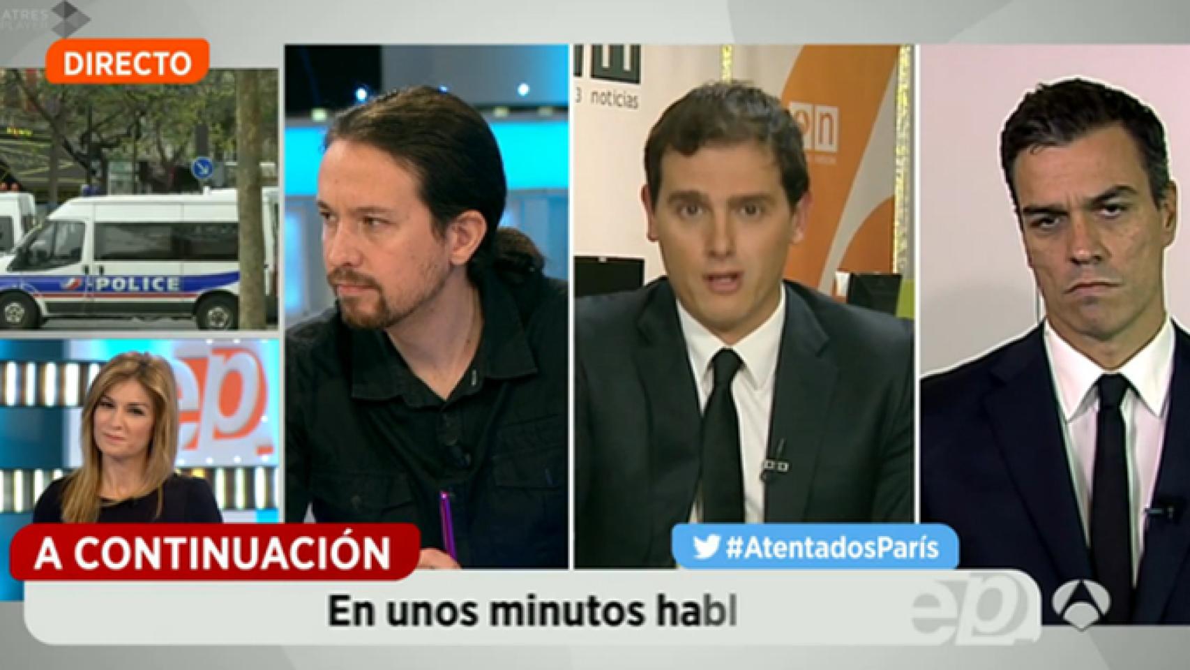 Pablo Iglesias, Albert Rivera y Pedro Sánchez, presentes en el especial de 'Espejo Público' (Antena 3)