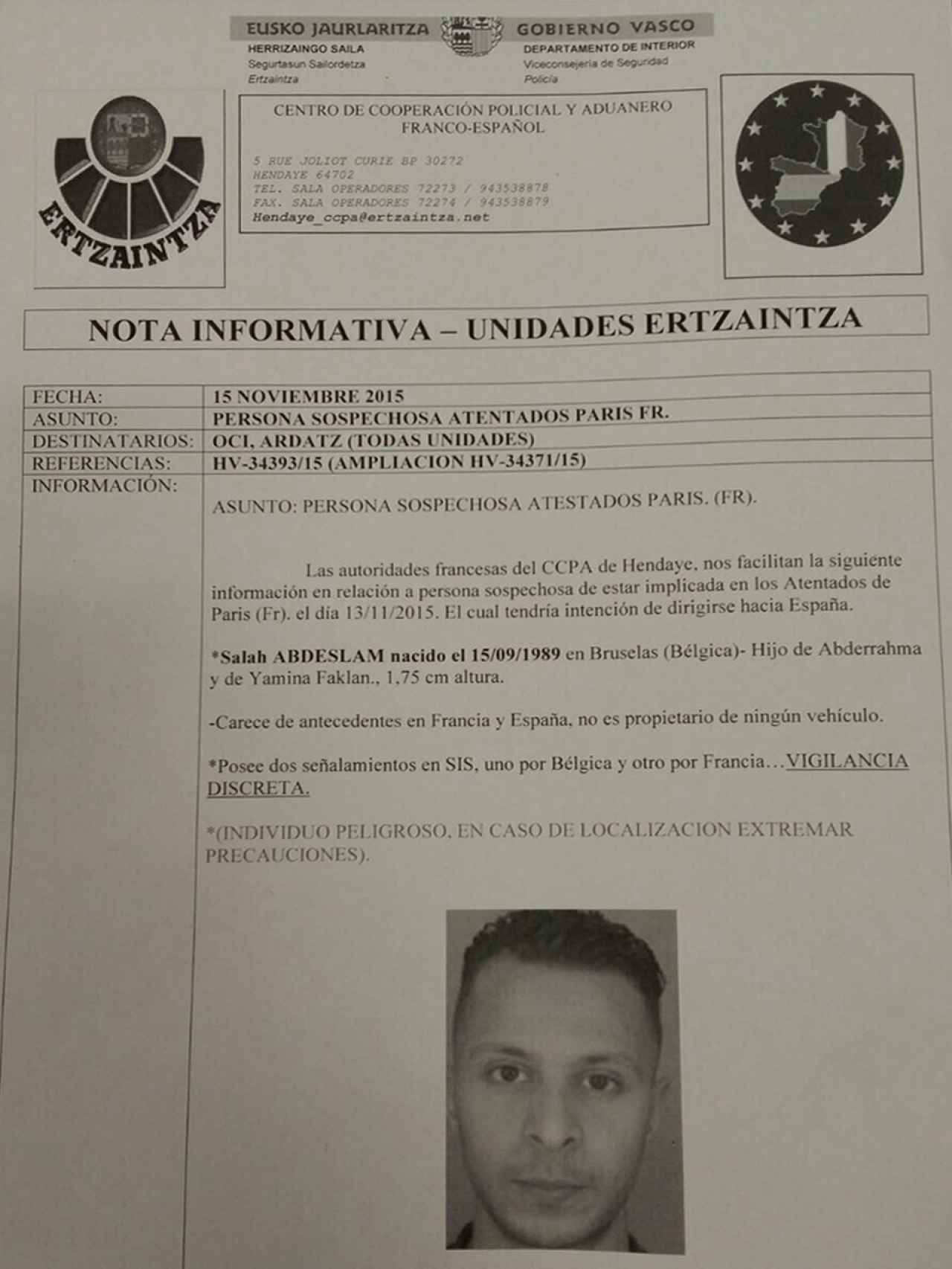 Ficha interna de la policía autonómica vasca.