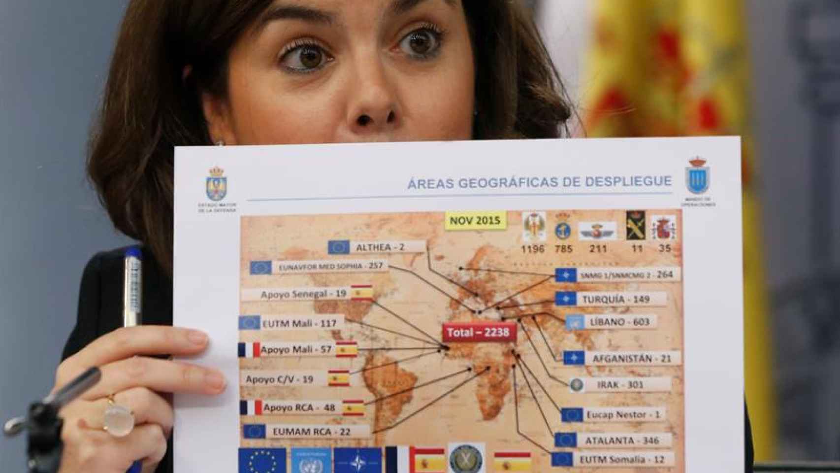 Soraya Sáenz de Santamaría muestra un mapa de las tropas españolas.