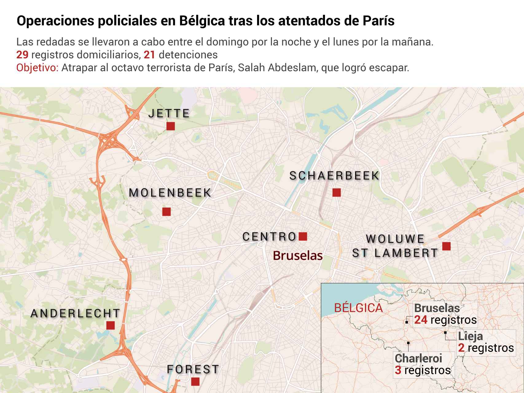 El mapa de las redadas en Bélgica para cazar al octavo terrorista