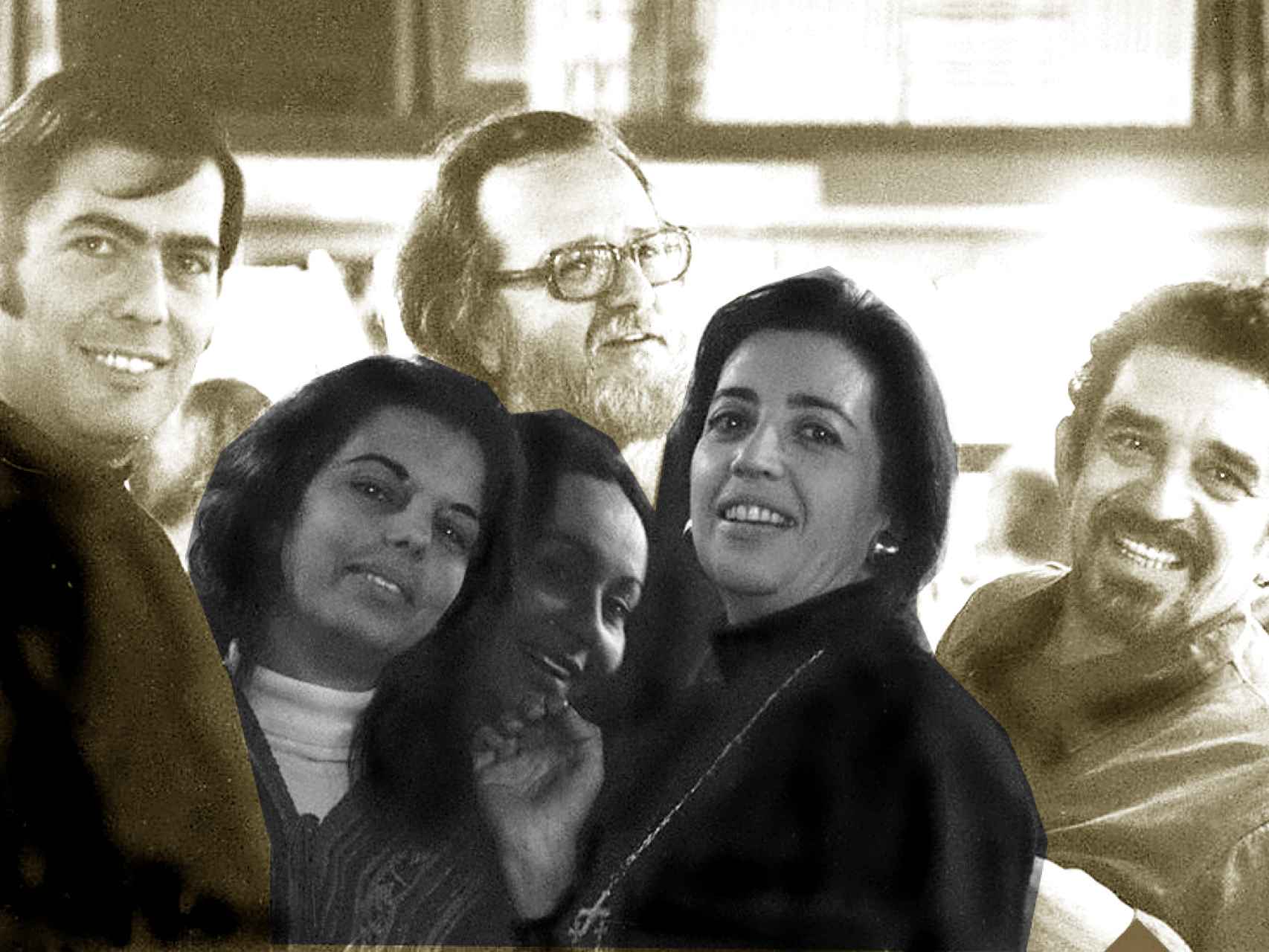 Vargas Llosa con Patricia Llosa, Donoso y su esposa Pilar Serrano, Mercedes Barcha, mujer de Gabo.