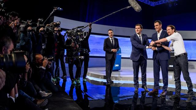 Rivera, Iglesias y Sánchez antes de iniciar el debate