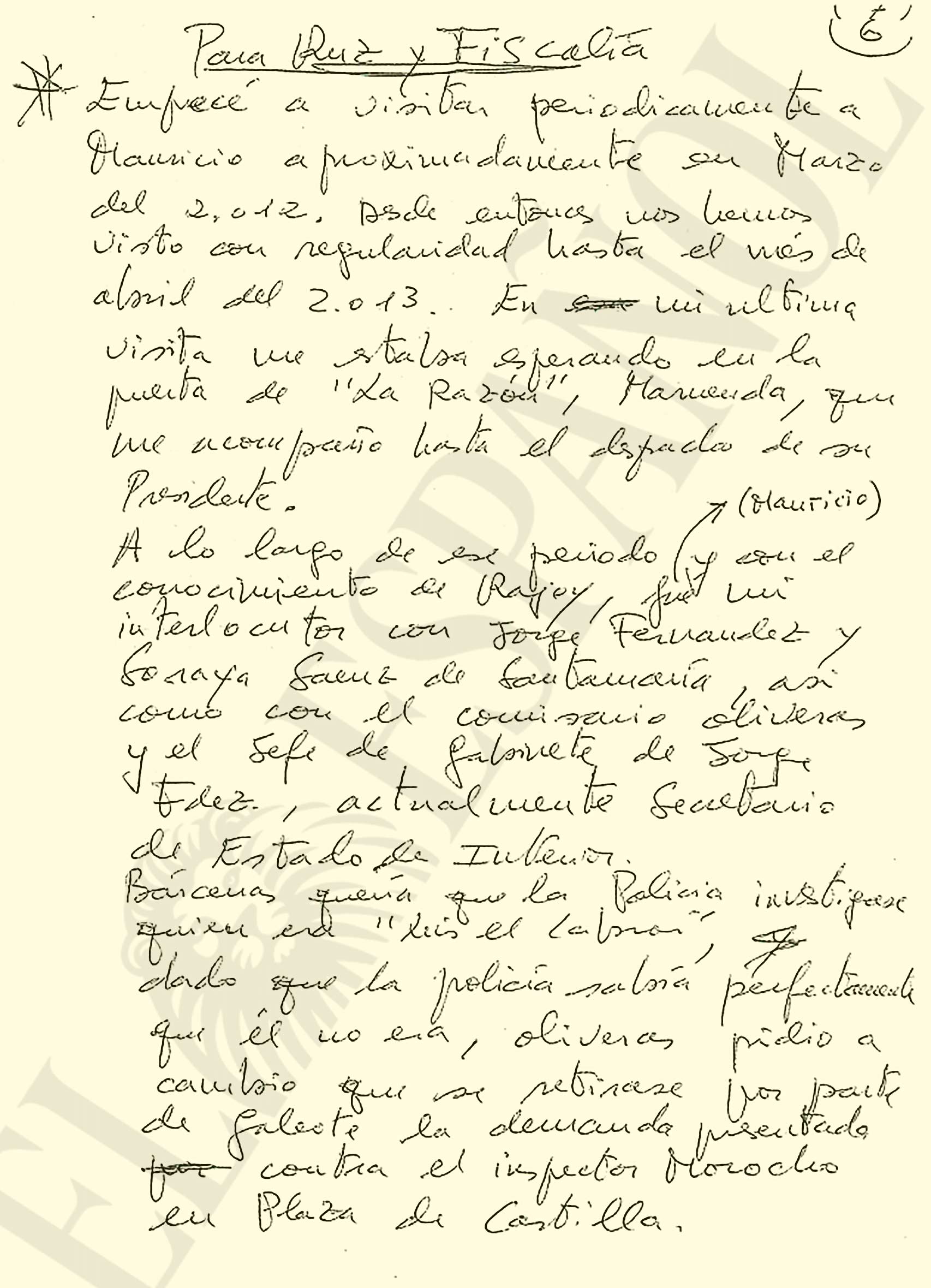 Manuscrito de Bárcenas al juez Ruz y la Fiscalía.