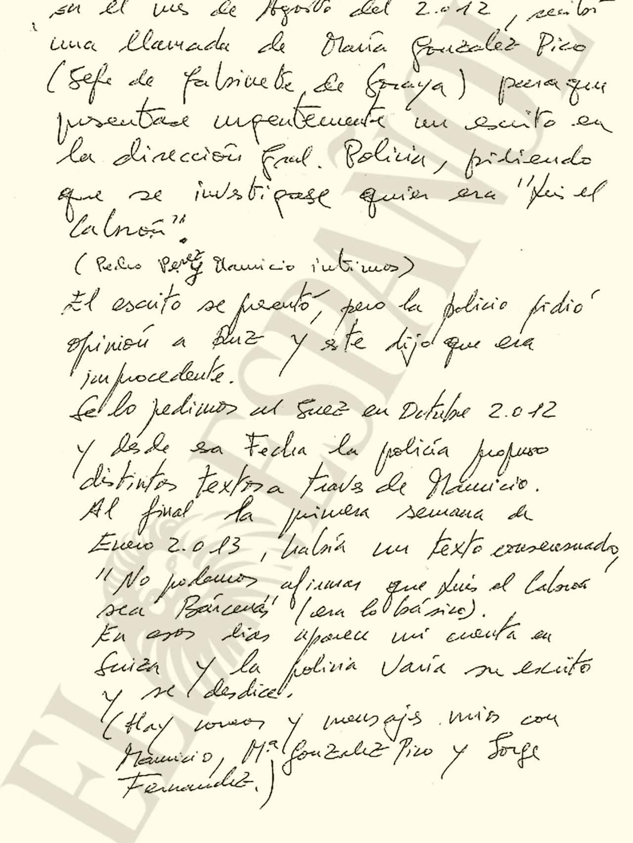 Segundo folio del manuscrito enviado por Bárcenas a la Audiencia Nacional.