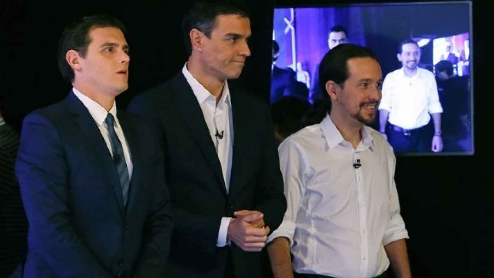 Rivera, Sánchez e Iglesias antes de comenzar el debate