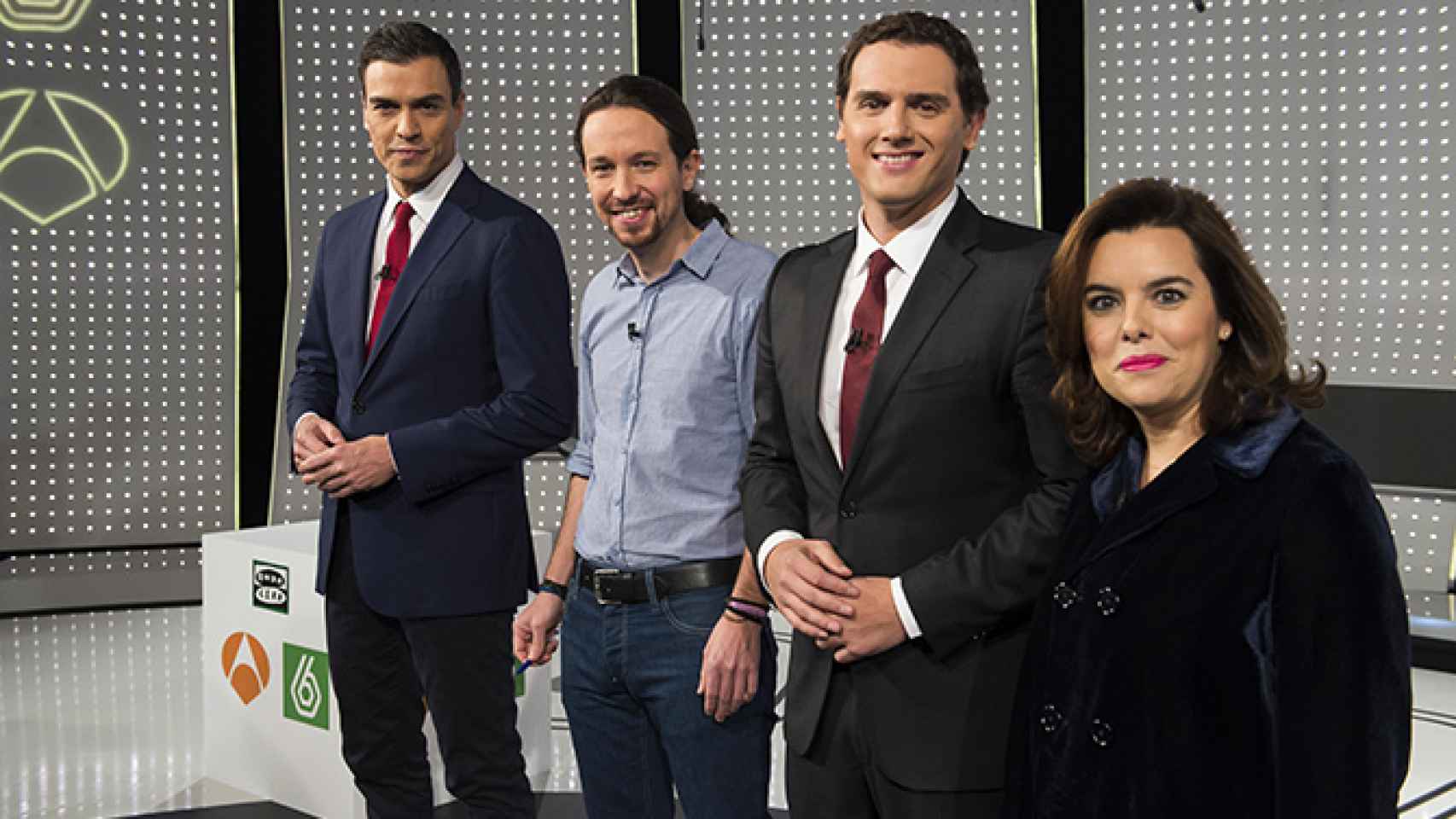 Sánchez, Iglesias, Rivera y Sáenz de Santamaría en 'El debate decisivo' (Atresmedia)