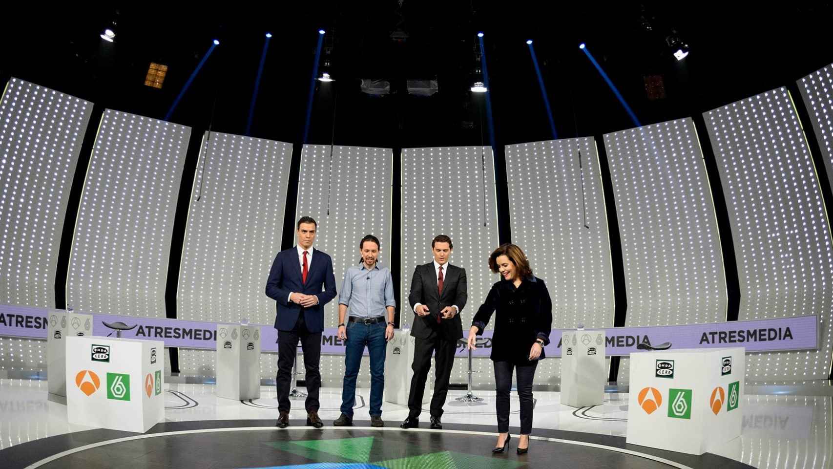 Sánchez, Iglesias, Rivera y Santamaría en el debate a cuatro. / Dani Pozo
