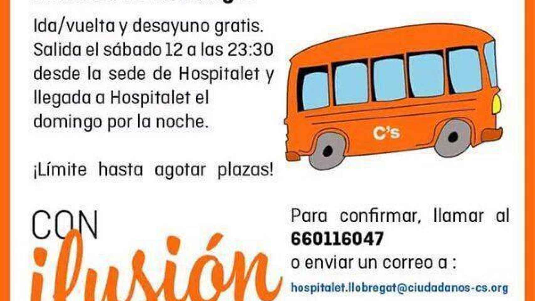 Cartel para animar a los afiliados de L'Hospitalet a ir al acto de Ciudadanos en Madrid