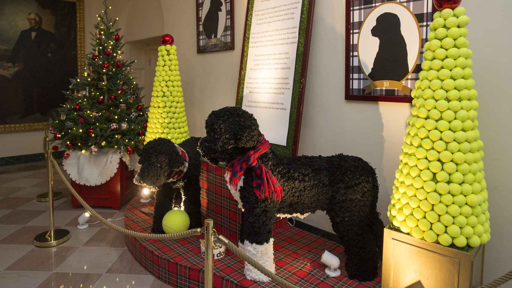 Las mascotas de Obama Bo y Sunny como adorno navideño en la librería de la WH