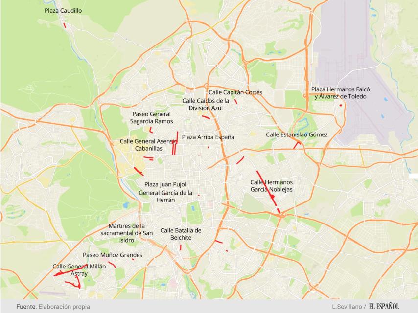 Algunas de las calles que serán renombradas en Madrid