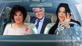 Elizabeth Taylor, Marlon Brando y Michael Jackson en coche (Montaje: Vanity Fair)