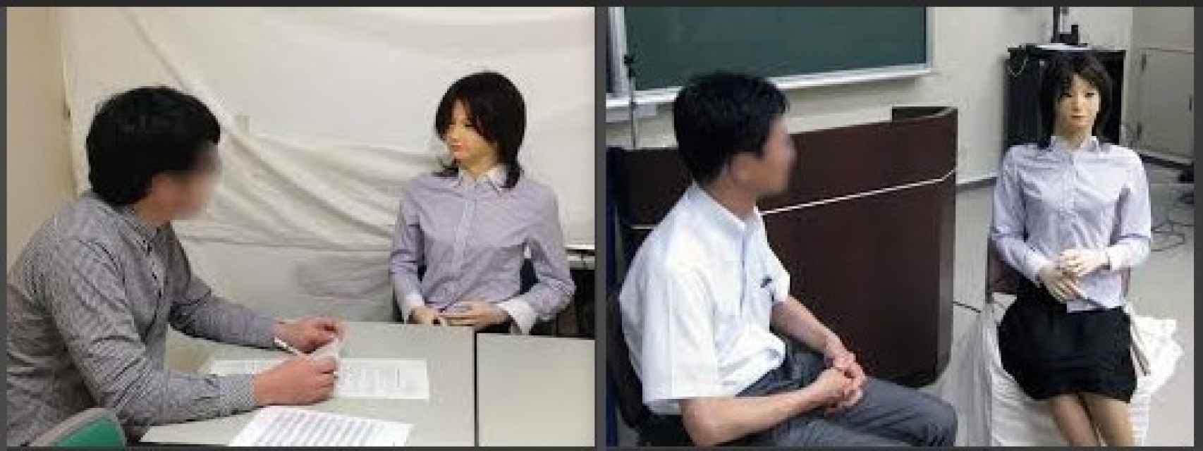 Dos imágenes de alumnos de medicina practicando con el robot deprimido.