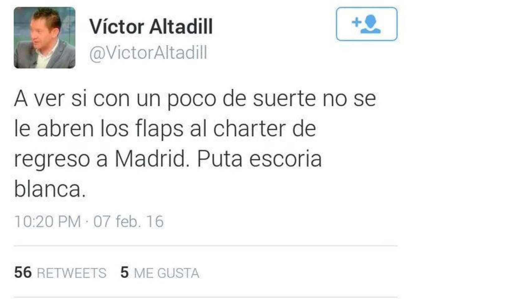 El tuit en el que le desea una catástrofe aérea al Real Madrid.