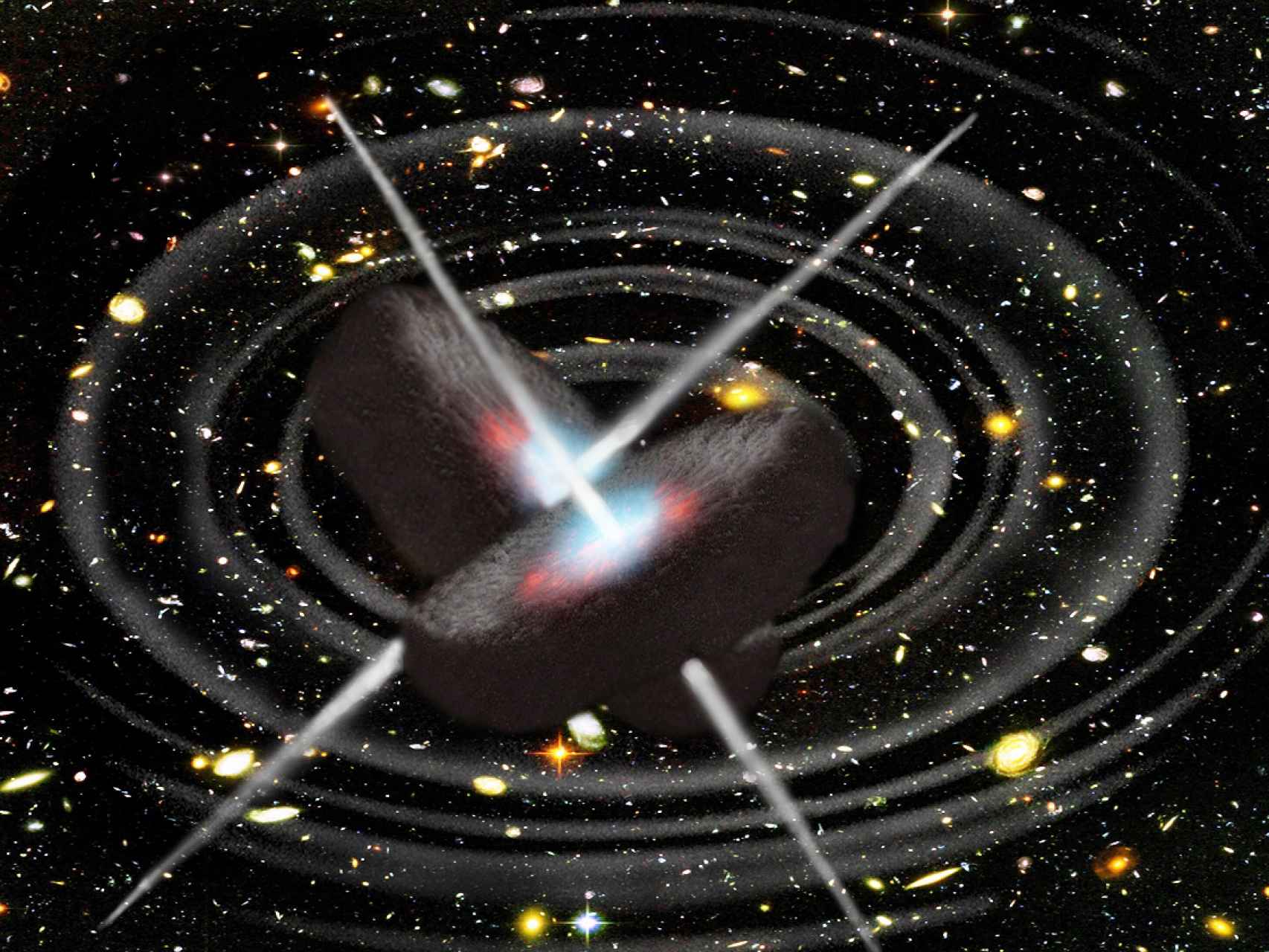 Ilustración de dos agujeros negros fusionándose y creando ondas gravitacionales.