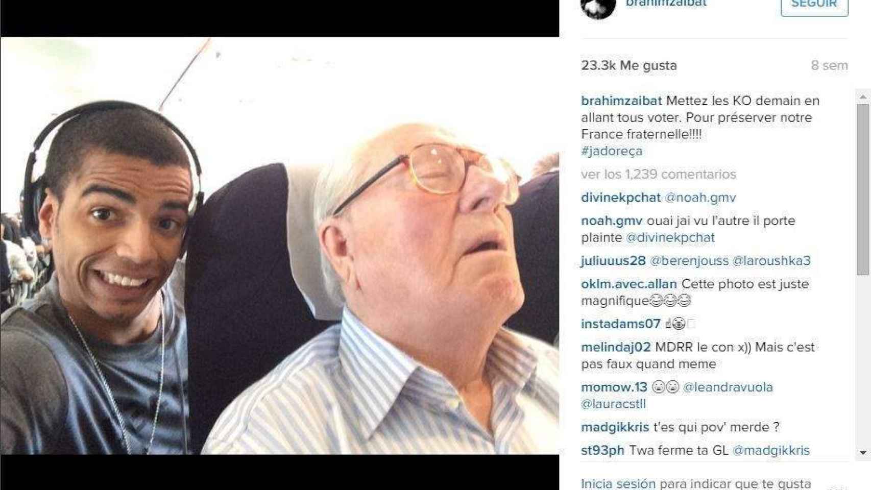 El 'selfie' de Brahim Zabat con Jean-Marie Le Pen.