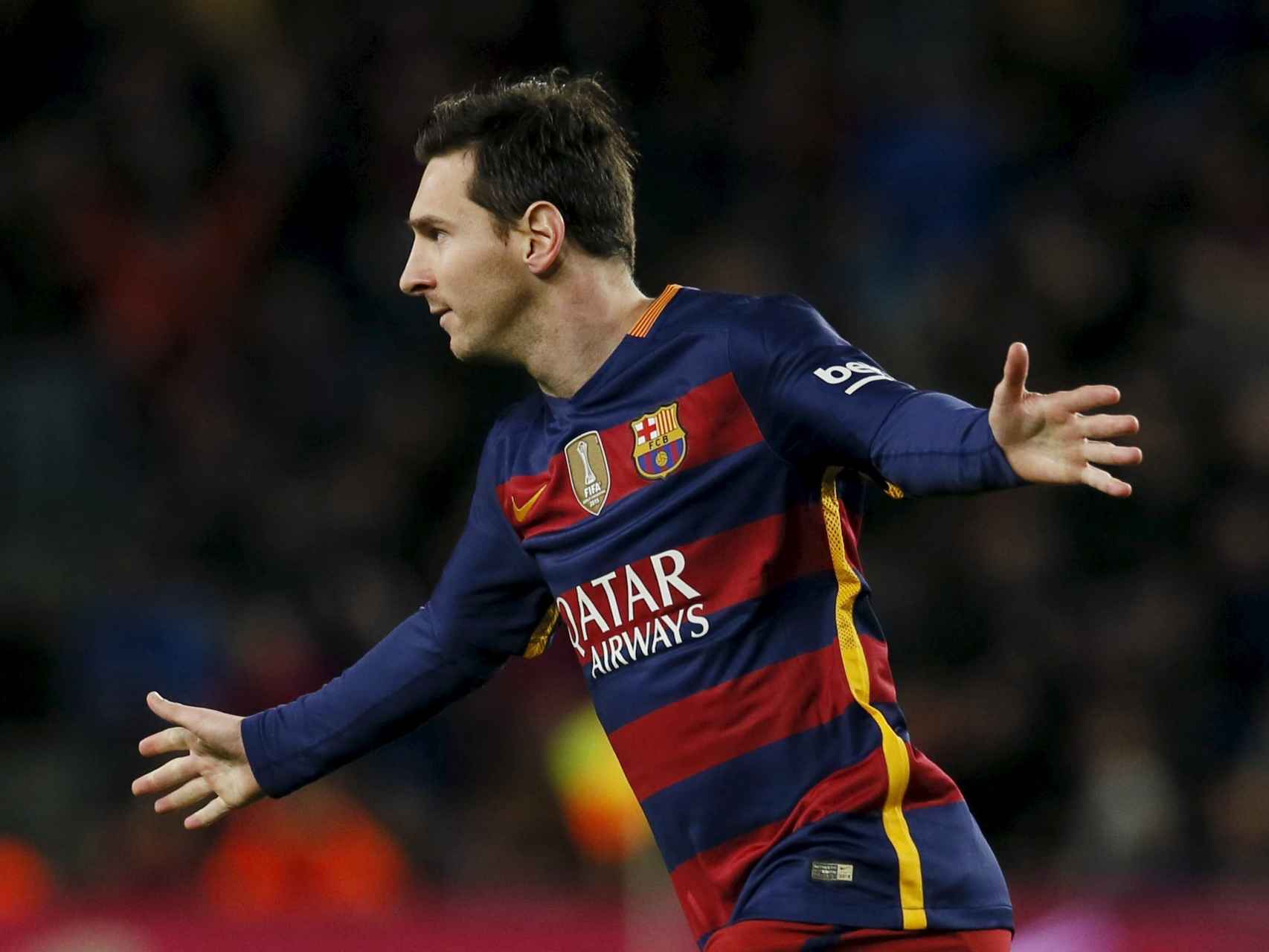 Messi celebra el primer gol contra el Sporting.