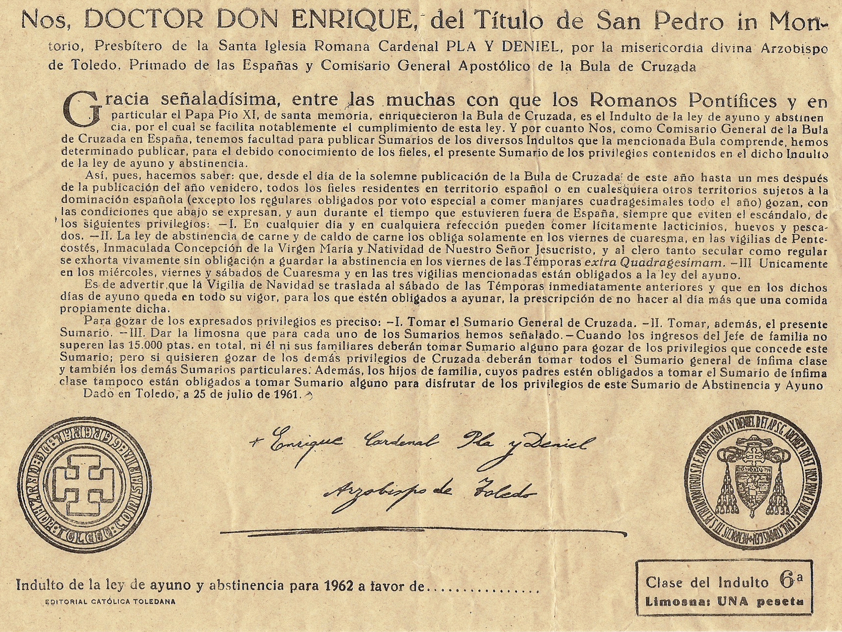 Indulto de ayuno y abstinencia, 1962. Hemeroteca de Madrigal de las Altas Torres