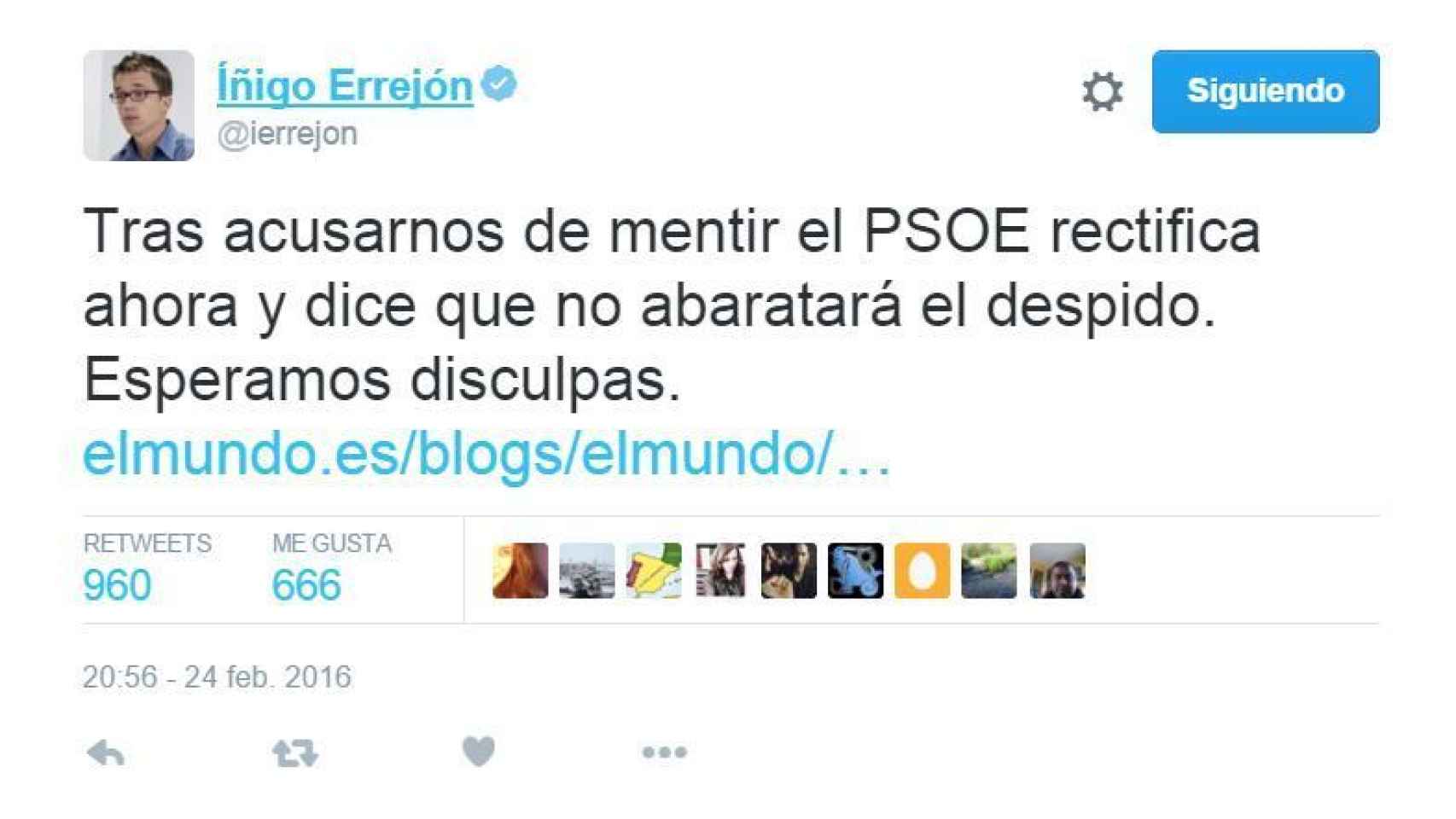 Íñigo Errejón exige disculpas en Twitter tras la rectificación del PSOE.