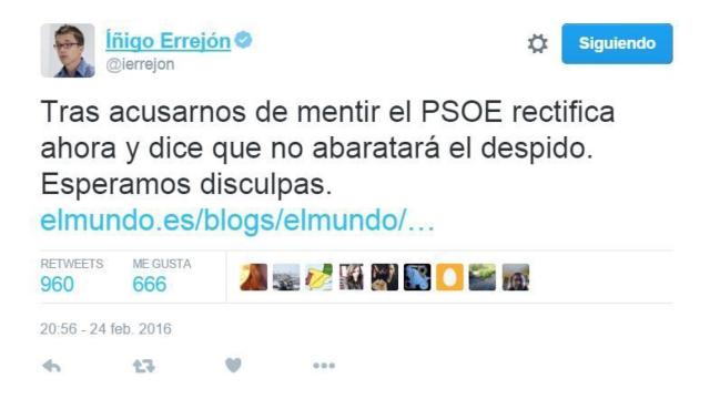 Íñigo Errejón exige disculpas en Twitter tras la rectificación del PSOE.