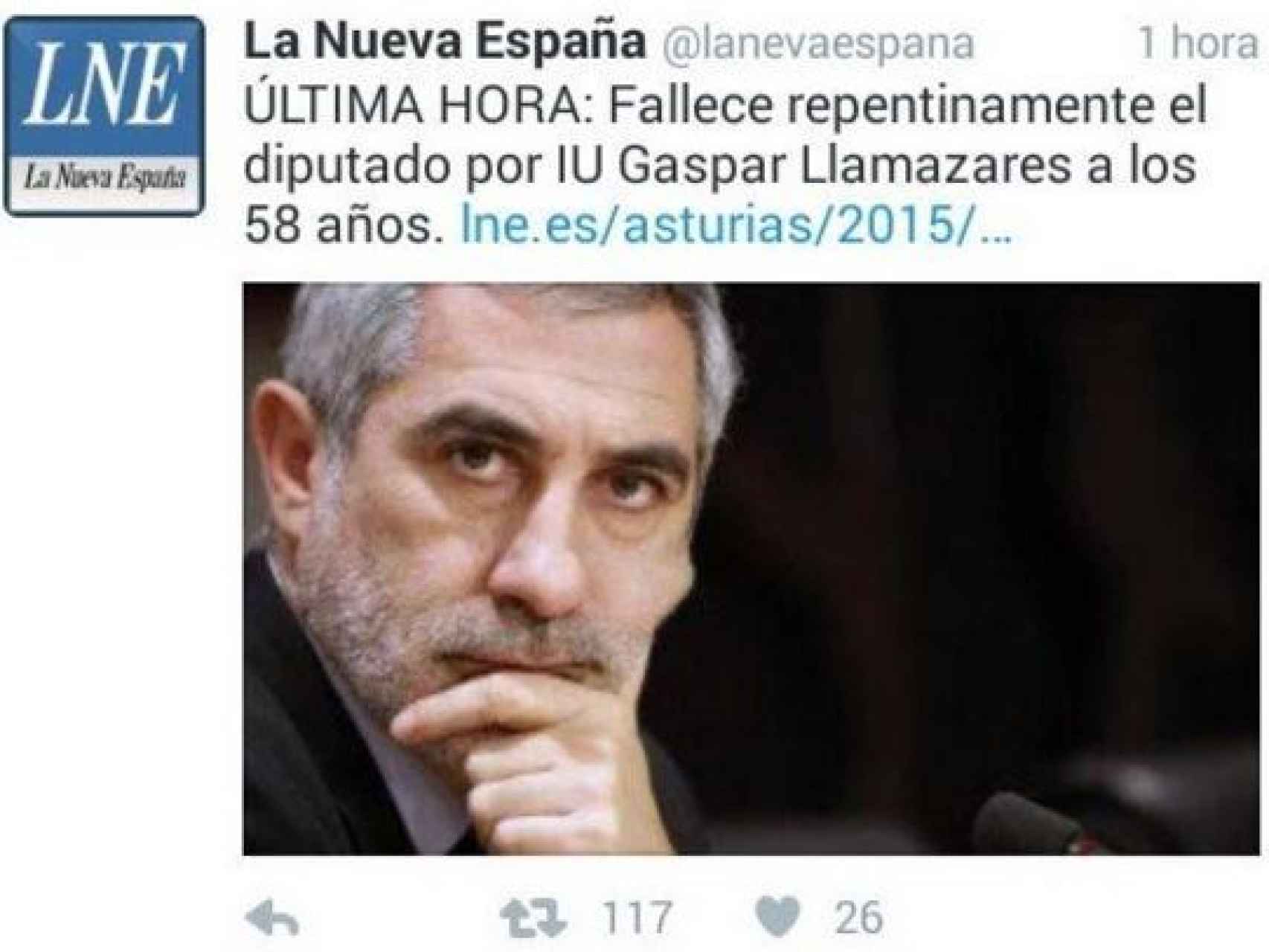 El tuit de la cuenta falsa anunciando la muerte de Gaspar Llamazares.