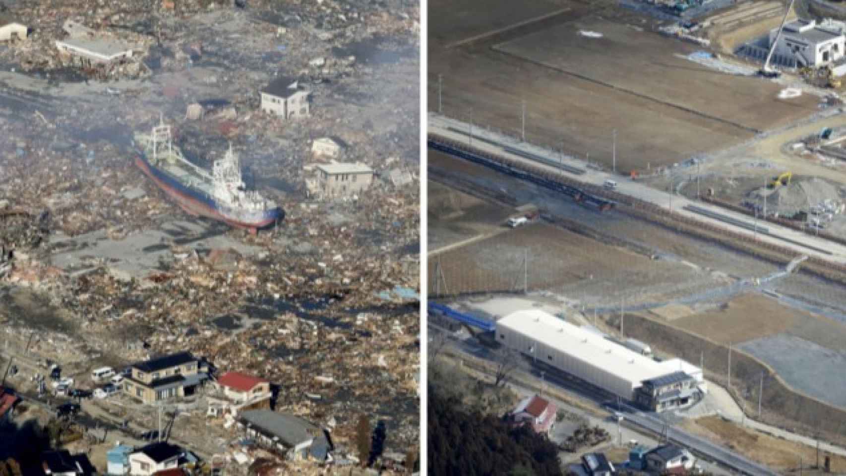 Imagen de la destrucción y reconstrucción de la zona de Fukushima, asolada por un seísmo en 2011.
