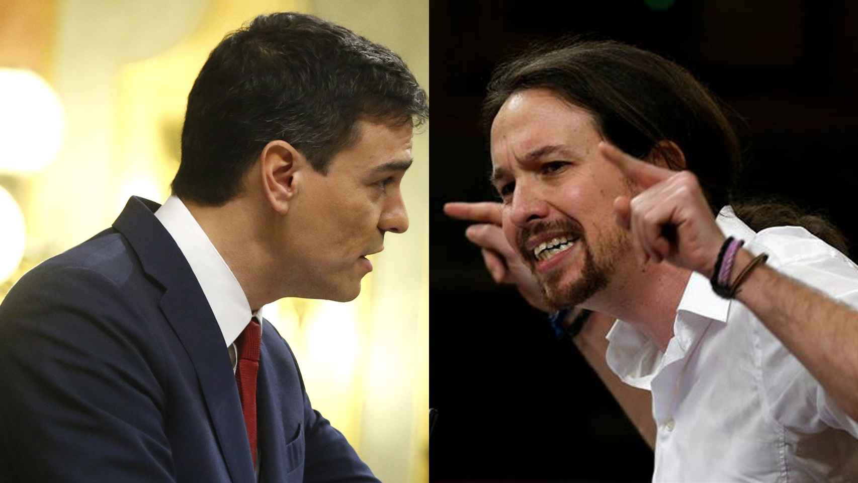 Pedro Sánchez y Pablo Iglesias durante diferentes momentos del debate de investidura.