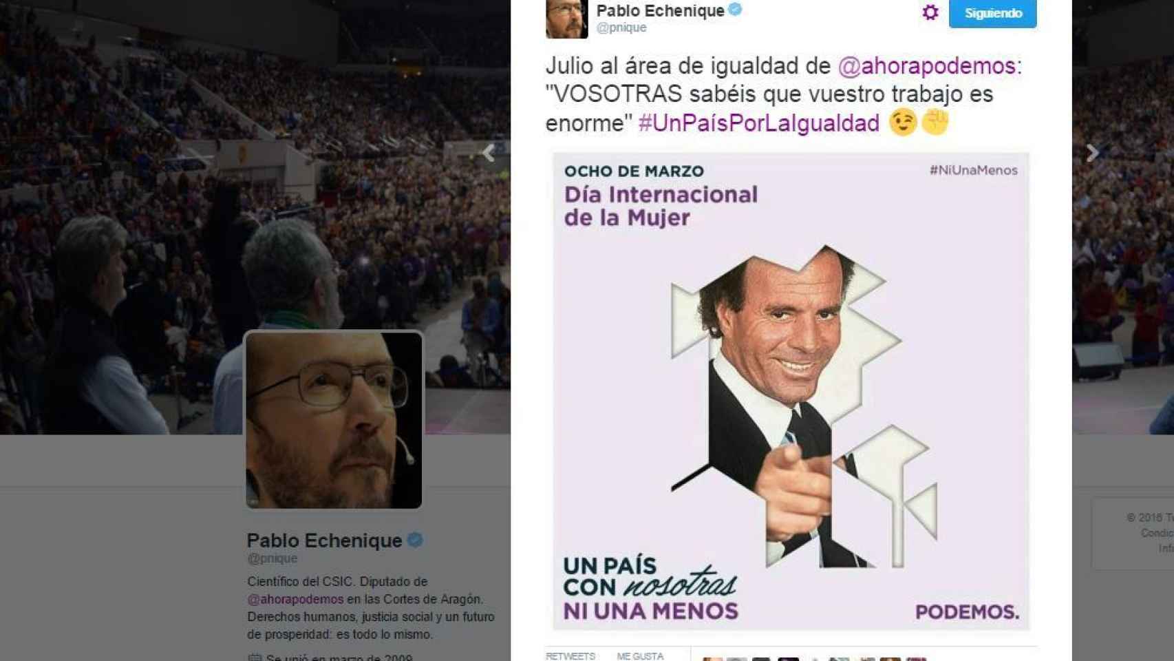 El tuit de Pablo Echenique en el que bromeó sobre la campaña usando a Julio Iglesias.
