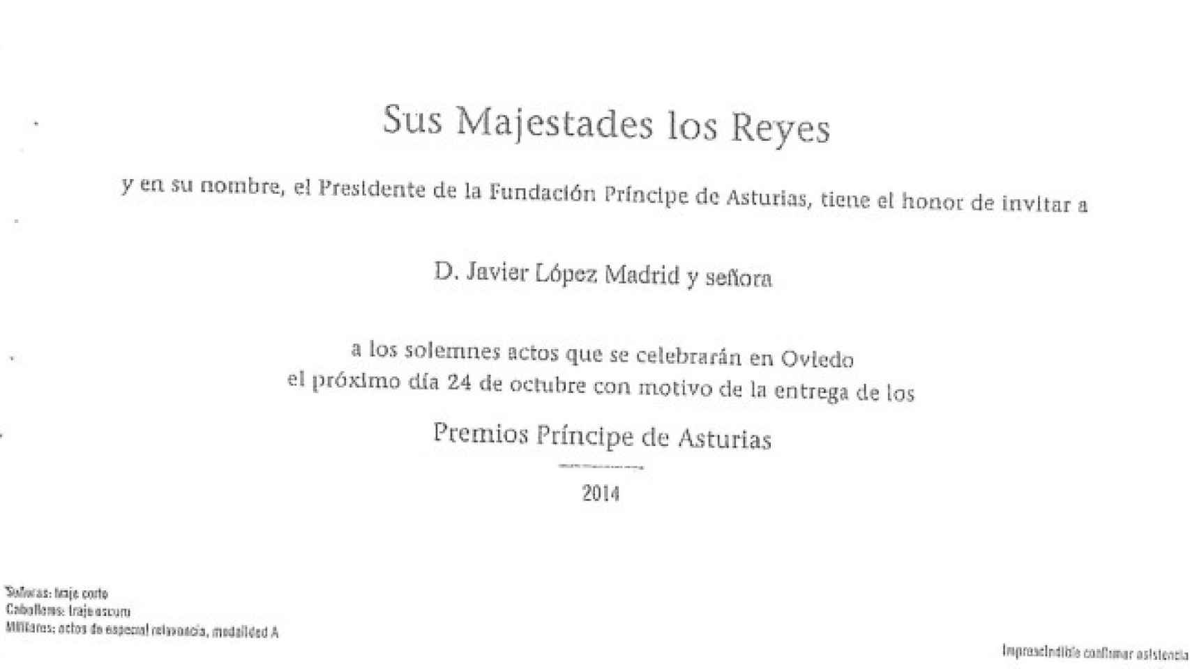 Invitación para los Premios Príncipe de Asturias.