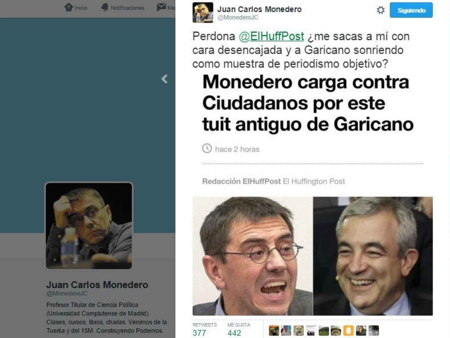 Juan Carlos Monedero reprocha al medio el combo desde Twitter.