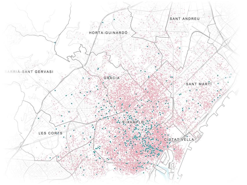 Localización de la oferta de Airbnb y hoteles en Barcelona.