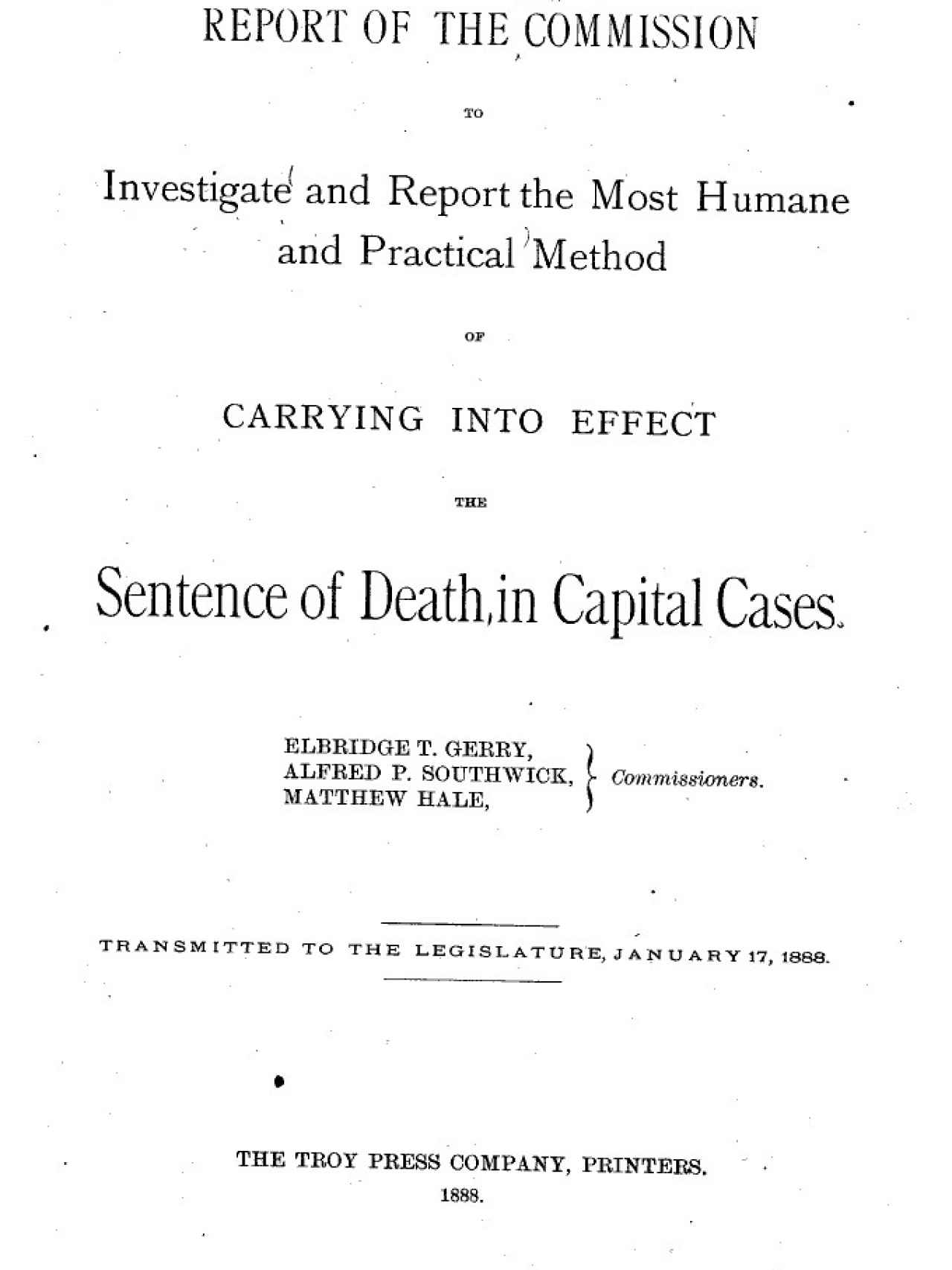 Portada del informe encargado por el Senado de Nueva York para la búsqueda de un método más humano y práctico para la aplicación de la pena capital.
