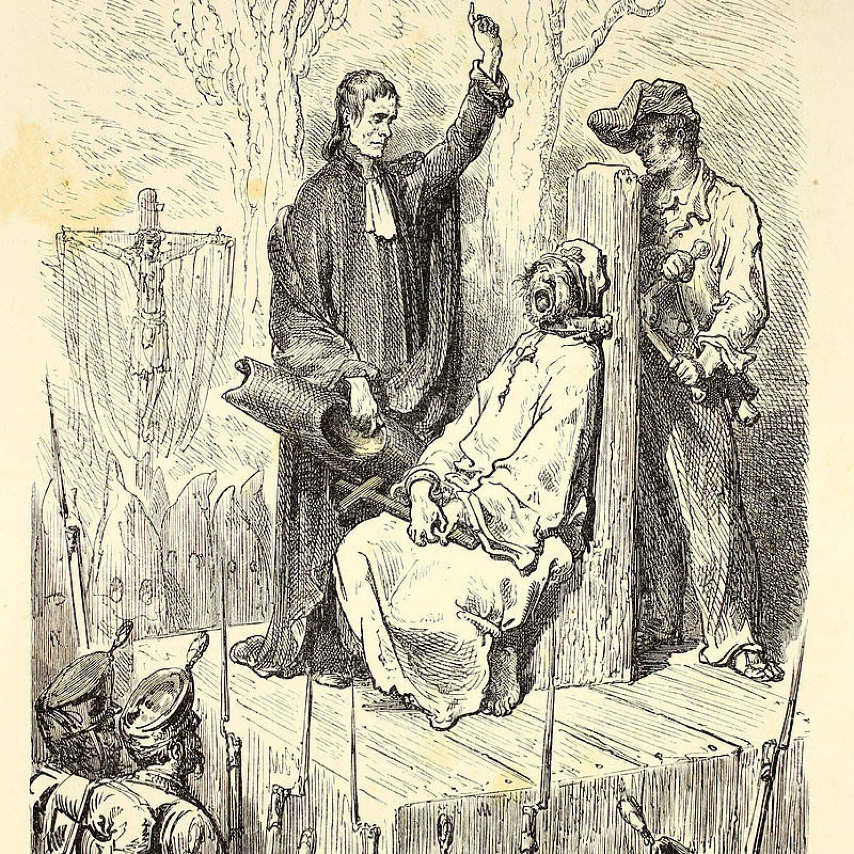Ejecución de un asesino en Barcelona mediante garrote vil, grabado de Gustave Doré, publicado en L'Espagne en 1884.