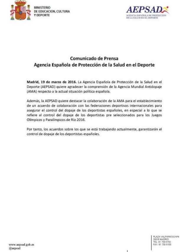 Comunicado de prensa de la Agencia española antidopaje