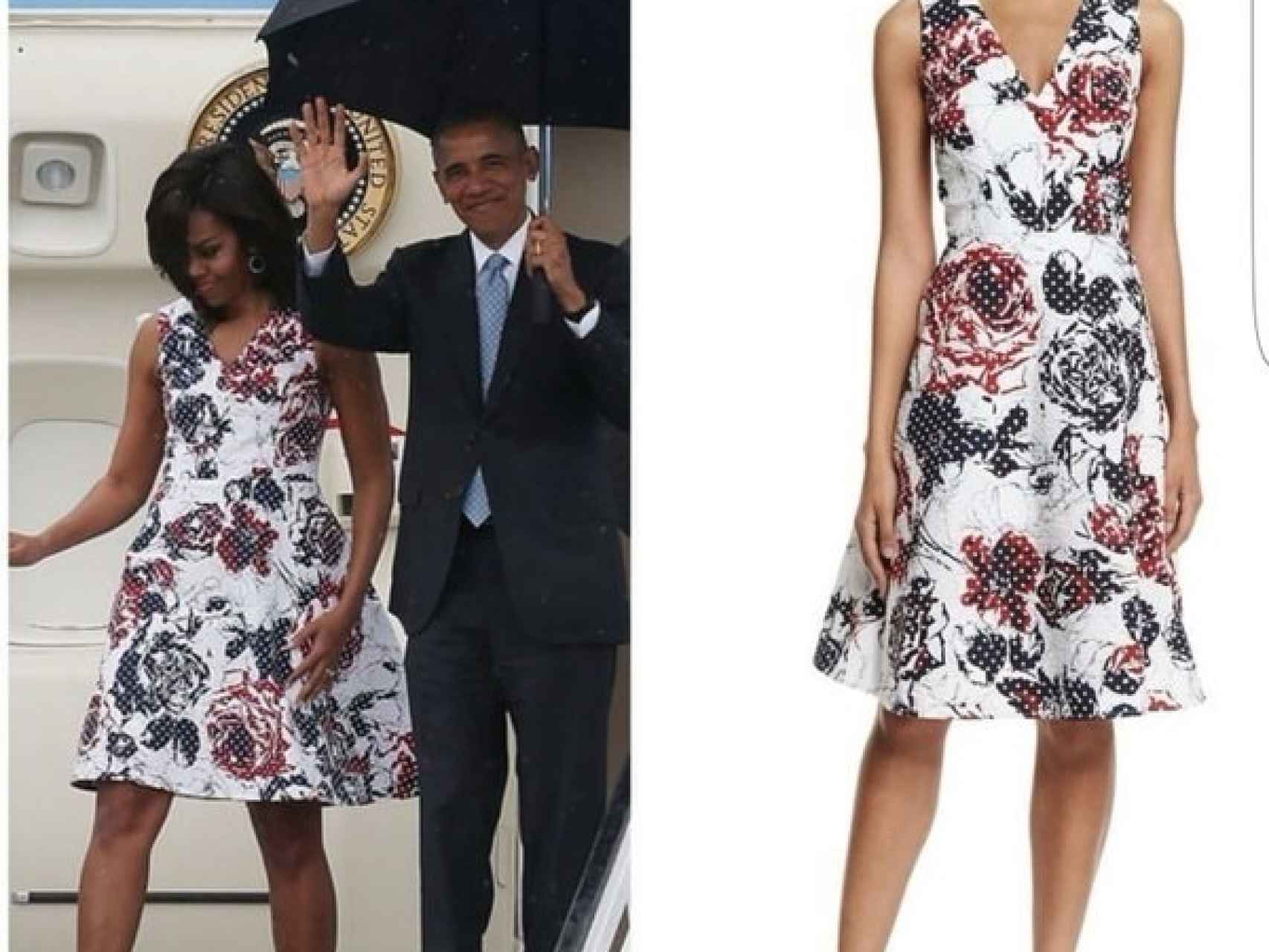 Michelle Obama a su llegada en el Air Force One / Vestido Carolina Herrera